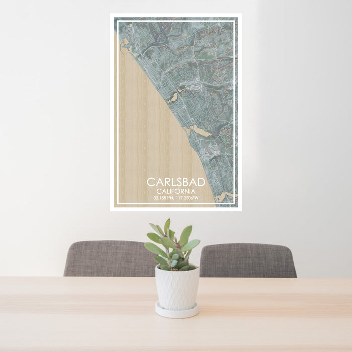 24x36 Carlsbad California Map Print Portrait Orientation in Afternoon Style Behind 2 Chairs Table and Potted Plant