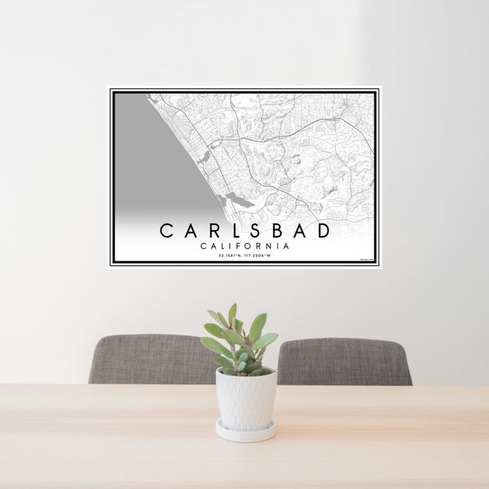 24x36 Carlsbad California Map Print Lanscape Orientation in Classic Style Behind 2 Chairs Table and Potted Plant