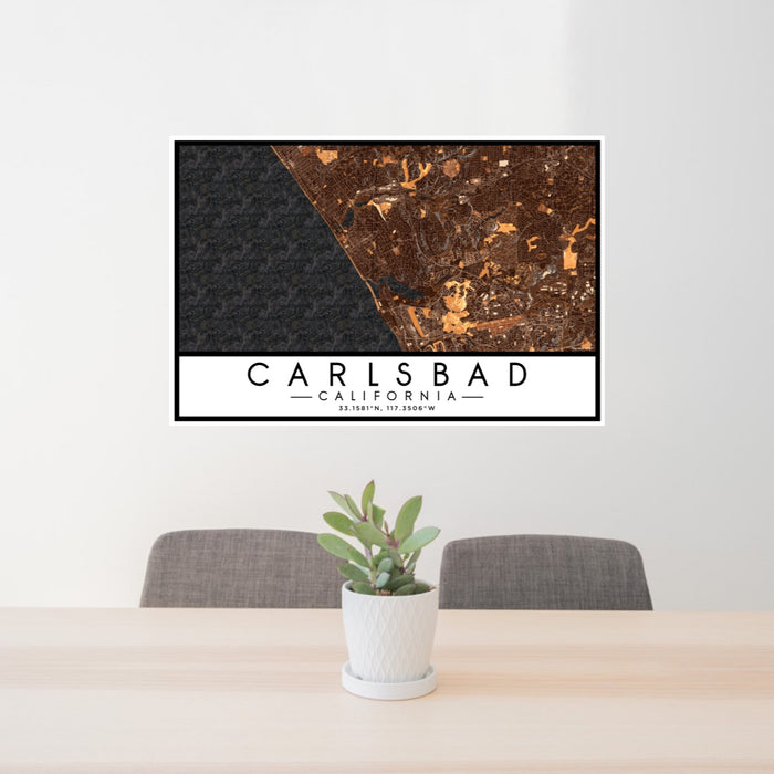 24x36 Carlsbad California Map Print Lanscape Orientation in Ember Style Behind 2 Chairs Table and Potted Plant