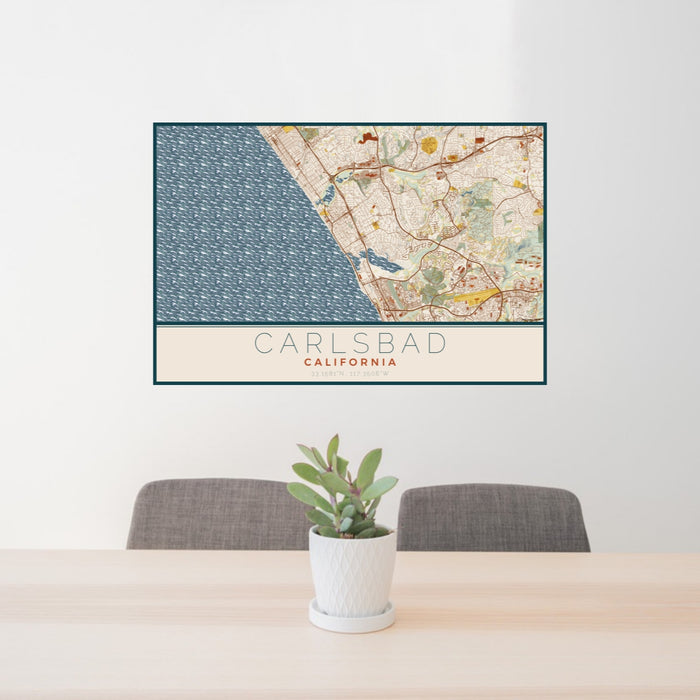 24x36 Carlsbad California Map Print Lanscape Orientation in Woodblock Style Behind 2 Chairs Table and Potted Plant