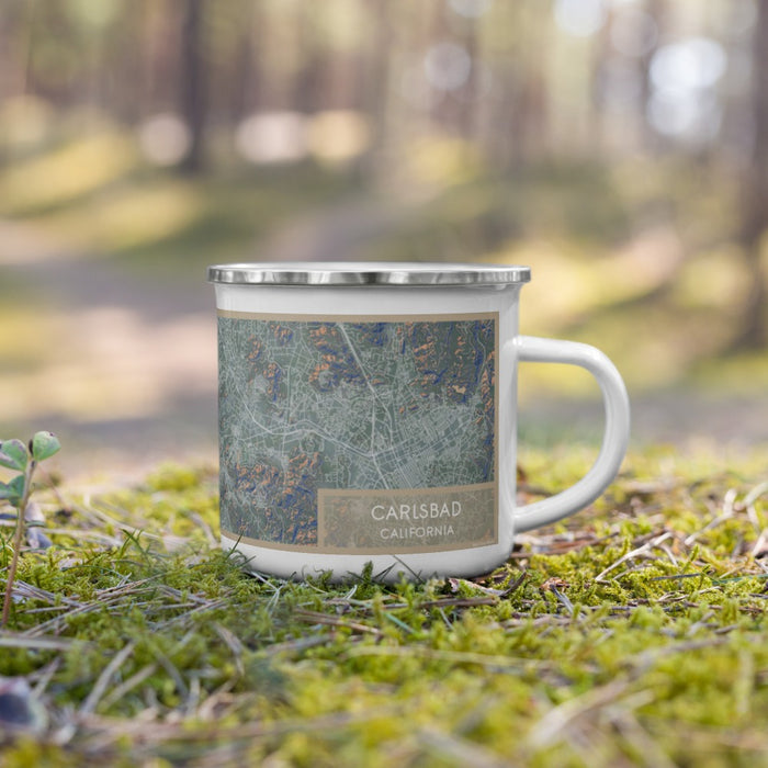 Right View Custom Carlsbad California Map Enamel Mug in Afternoon on Grass With Trees in Background