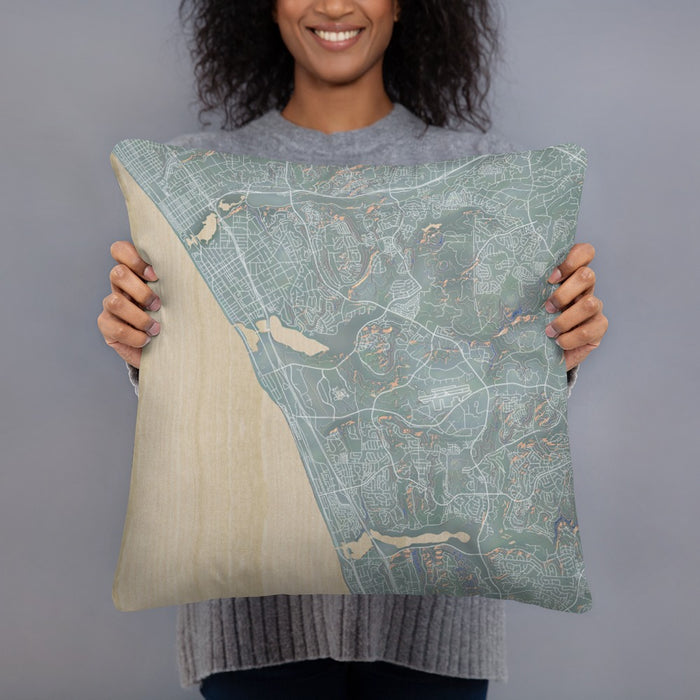 Person holding 18x18 Custom Carlsbad California Map Throw Pillow in Afternoon