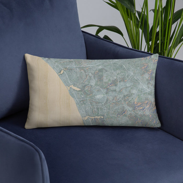 Custom Carlsbad California Map Throw Pillow in Afternoon on Blue Colored Chair
