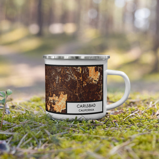 Right View Custom Carlsbad California Map Enamel Mug in Ember on Grass With Trees in Background