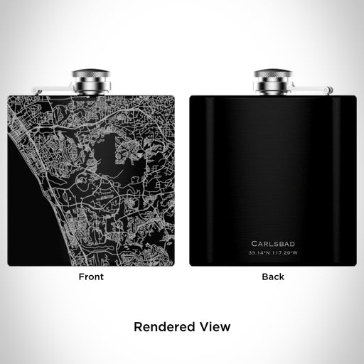 Rendered View of Carlsbad California Map Engraving on 6oz Stainless Steel Flask in Black
