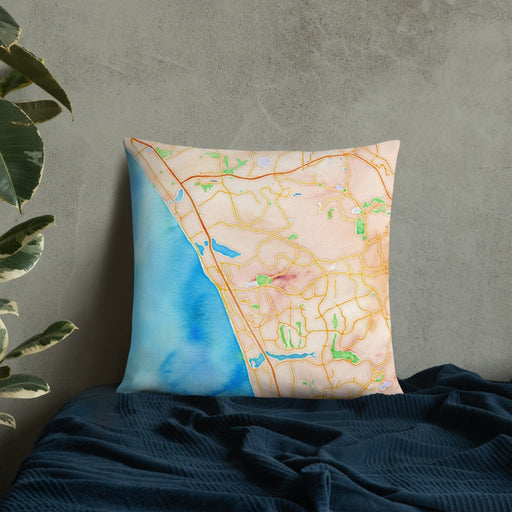 Custom Carlsbad California Map Throw Pillow in Watercolor on Bedding Against Wall