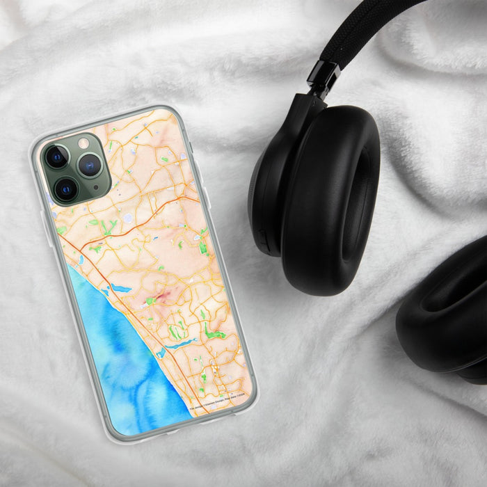 Custom Carlsbad California Map Phone Case in Watercolor on Table with Black Headphones