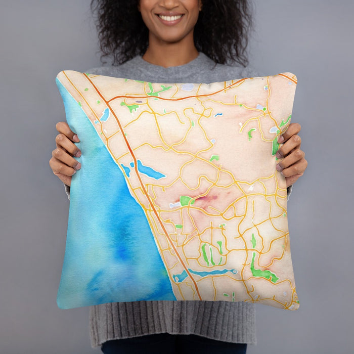 Person holding 18x18 Custom Carlsbad California Map Throw Pillow in Watercolor