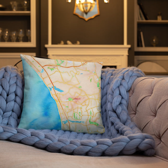 Custom Carlsbad California Map Throw Pillow in Watercolor on Cream Colored Couch