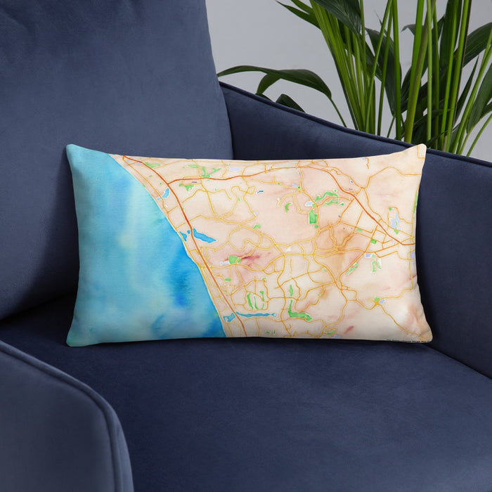 Custom Carlsbad California Map Throw Pillow in Watercolor on Blue Colored Chair