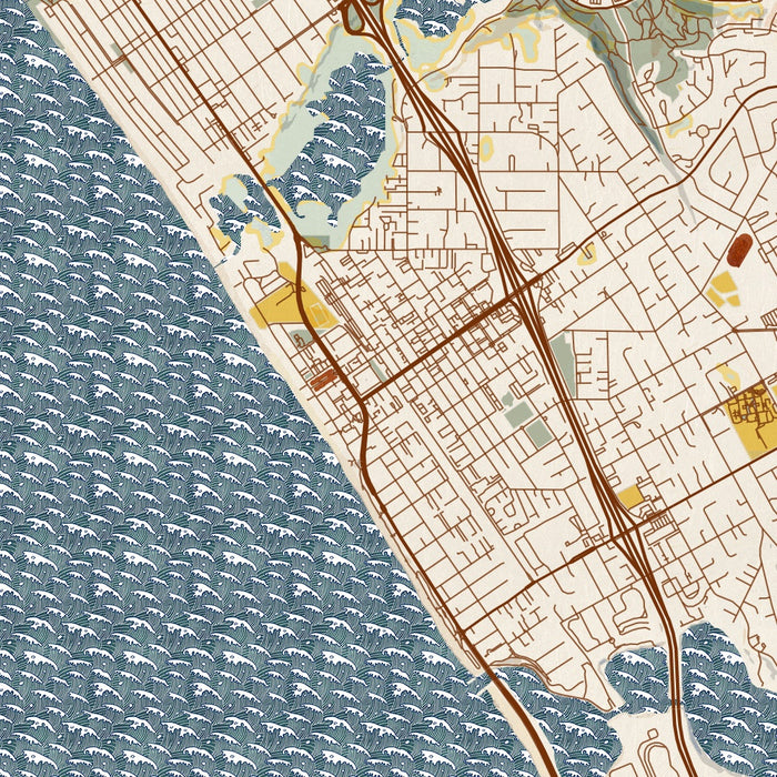 Carlsbad California Map Print in Woodblock Style Zoomed In Close Up Showing Details