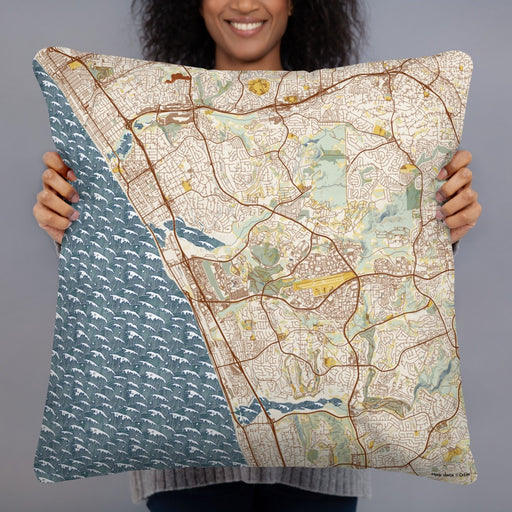 Person holding 22x22 Custom Carlsbad California Map Throw Pillow in Woodblock