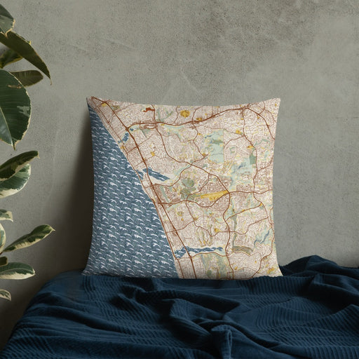 Custom Carlsbad California Map Throw Pillow in Woodblock on Bedding Against Wall