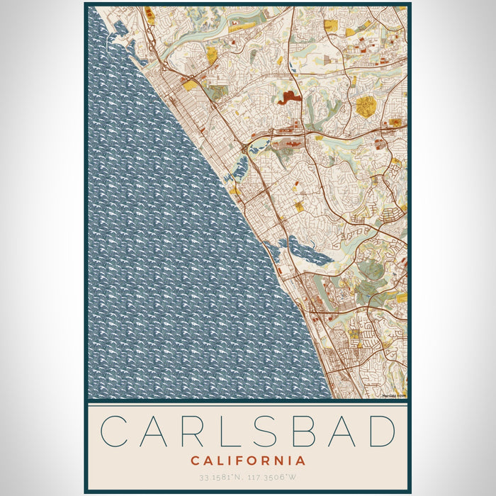 Carlsbad California Map Print Portrait Orientation in Woodblock Style With Shaded Background