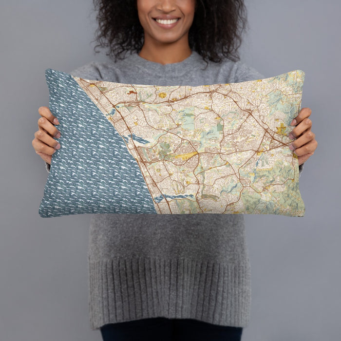 Person holding 20x12 Custom Carlsbad California Map Throw Pillow in Woodblock