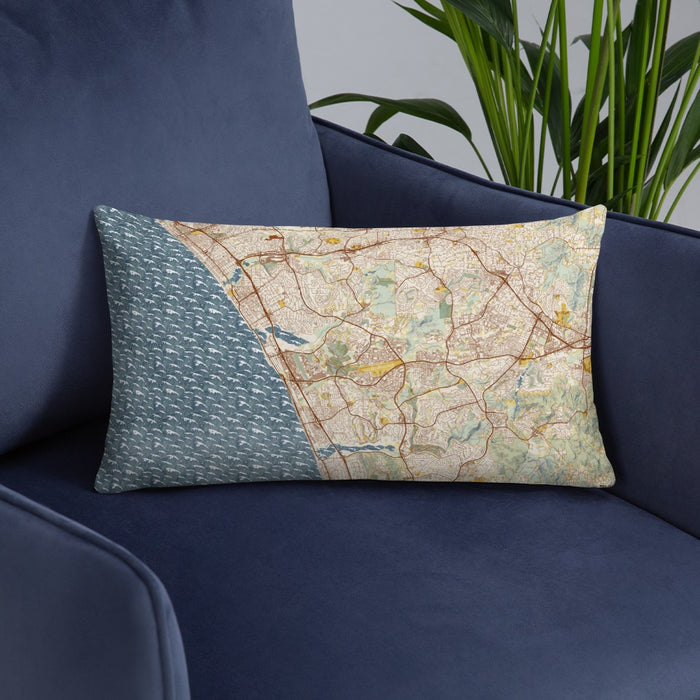 Custom Carlsbad California Map Throw Pillow in Woodblock on Blue Colored Chair