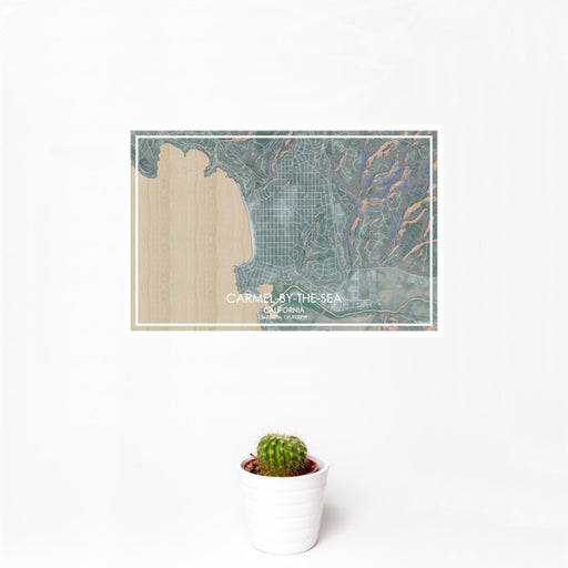 12x18 Carmel-by-the-Sea California Map Print Landscape Orientation in Afternoon Style With Small Cactus Plant in White Planter