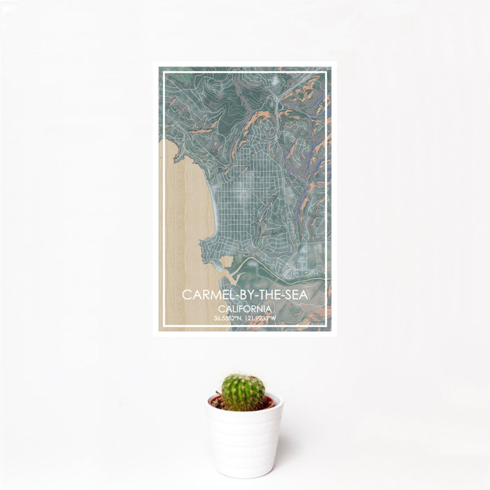 12x18 Carmel-by-the-Sea California Map Print Portrait Orientation in Afternoon Style With Small Cactus Plant in White Planter