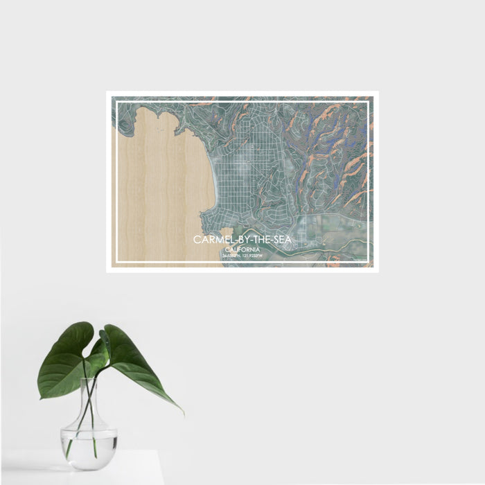 16x24 Carmel-by-the-Sea California Map Print Landscape Orientation in Afternoon Style With Tropical Plant Leaves in Water