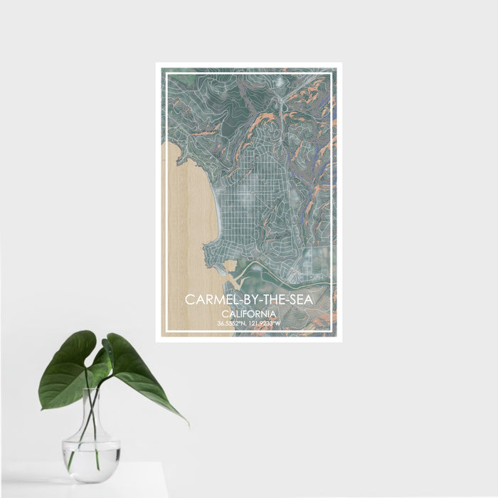 16x24 Carmel-by-the-Sea California Map Print Portrait Orientation in Afternoon Style With Tropical Plant Leaves in Water
