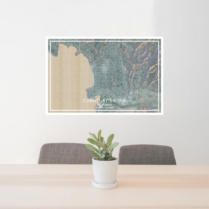 24x36 Carmel-by-the-Sea California Map Print Lanscape Orientation in Afternoon Style Behind 2 Chairs Table and Potted Plant