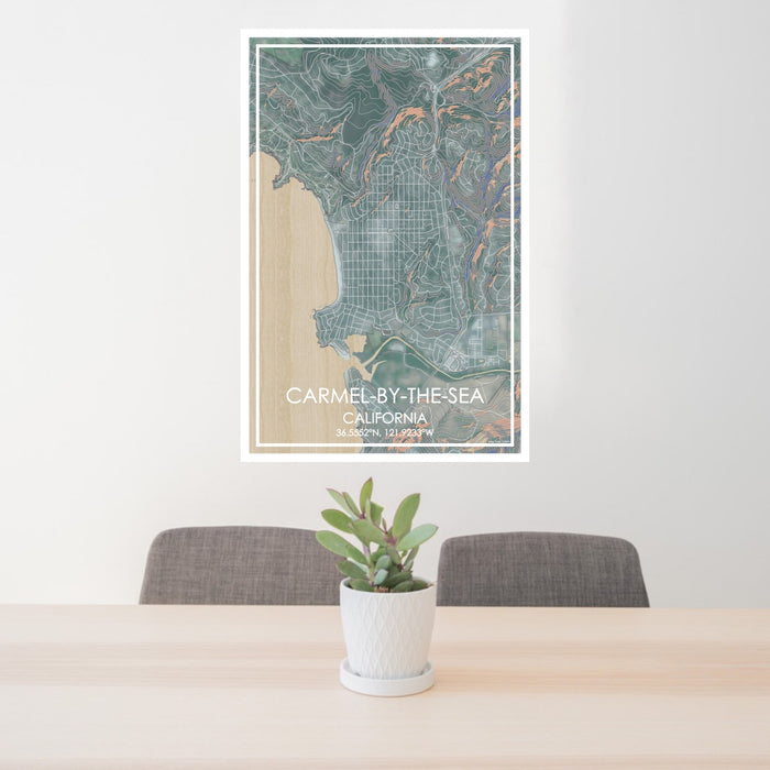 24x36 Carmel-by-the-Sea California Map Print Portrait Orientation in Afternoon Style Behind 2 Chairs Table and Potted Plant