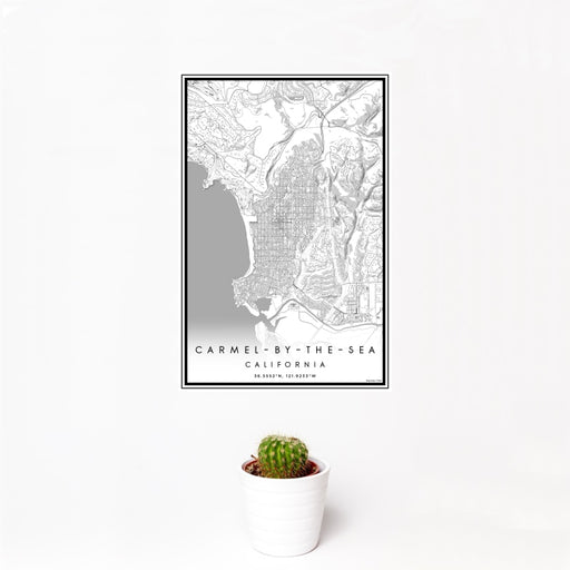 12x18 Carmel-by-the-Sea California Map Print Portrait Orientation in Classic Style With Small Cactus Plant in White Planter
