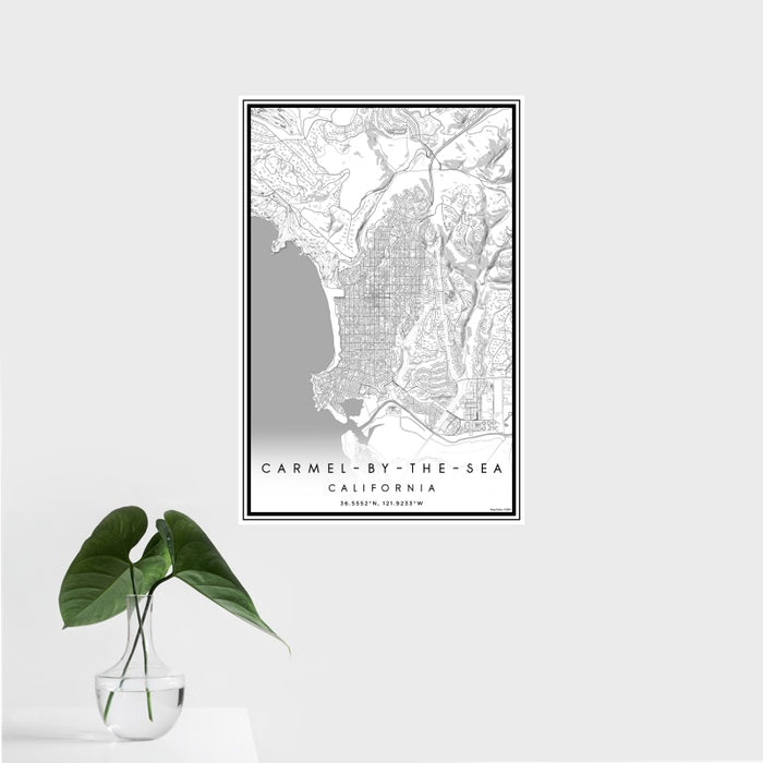 16x24 Carmel-by-the-Sea California Map Print Portrait Orientation in Classic Style With Tropical Plant Leaves in Water