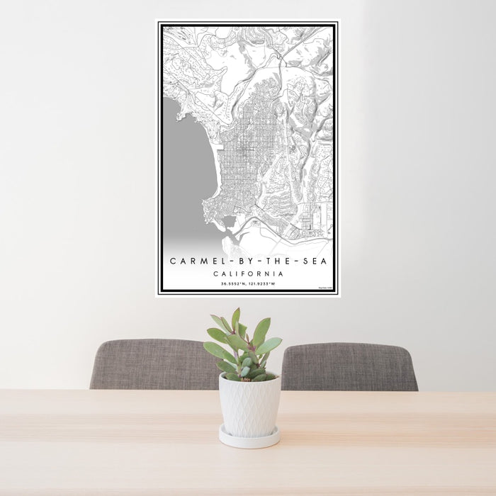 24x36 Carmel-by-the-Sea California Map Print Portrait Orientation in Classic Style Behind 2 Chairs Table and Potted Plant