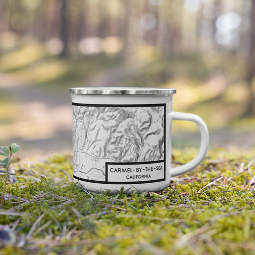 Right View Custom Carmel-by-the-Sea California Map Enamel Mug in Classic on Grass With Trees in Background