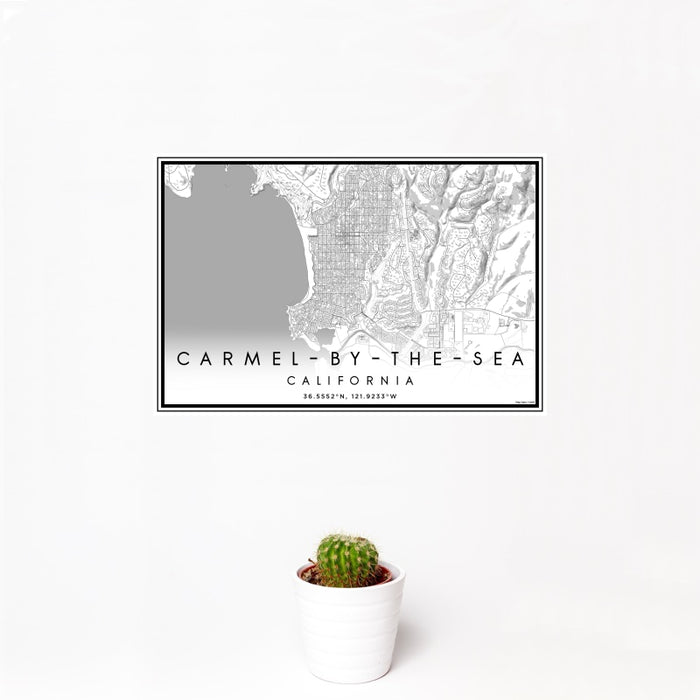 12x18 Carmel-by-the-Sea California Map Print Landscape Orientation in Classic Style With Small Cactus Plant in White Planter