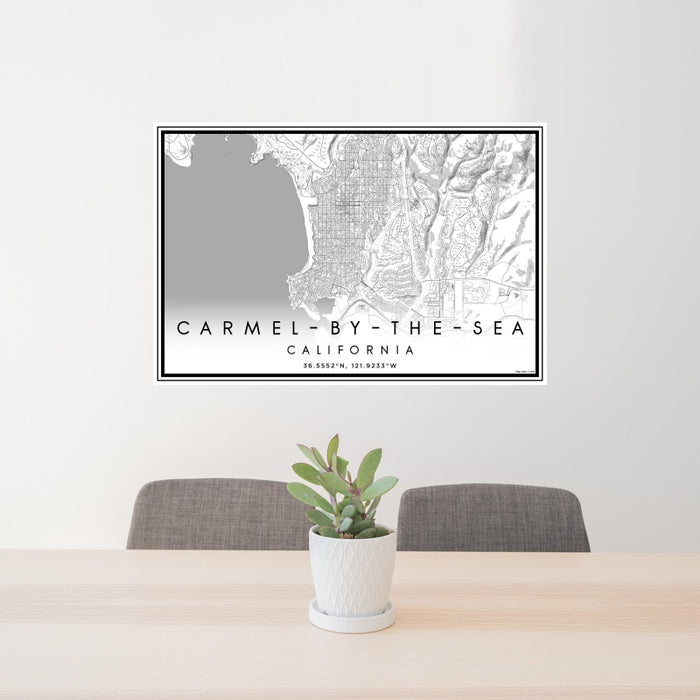 24x36 Carmel-by-the-Sea California Map Print Landscape Orientation in Classic Style Behind 2 Chairs Table and Potted Plant