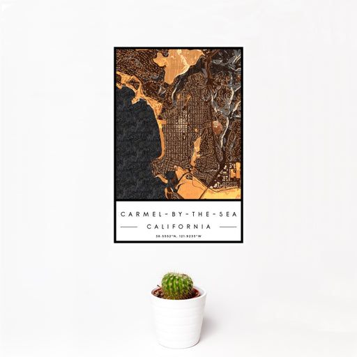 12x18 Carmel-by-the-Sea California Map Print Portrait Orientation in Ember Style With Small Cactus Plant in White Planter