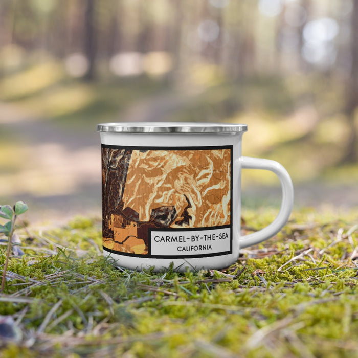 Right View Custom Carmel-by-the-Sea California Map Enamel Mug in Ember on Grass With Trees in Background