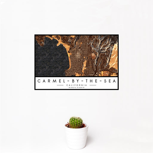12x18 Carmel-by-the-Sea California Map Print Landscape Orientation in Ember Style With Small Cactus Plant in White Planter