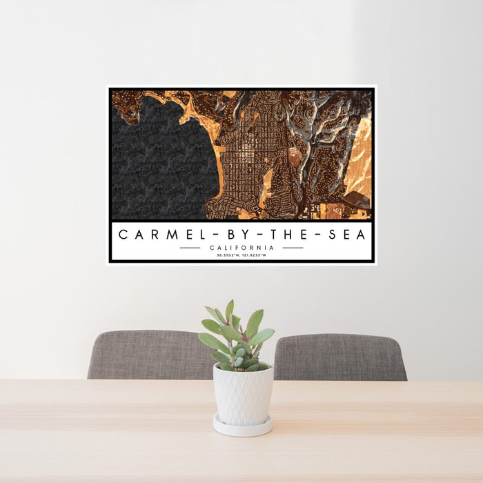 24x36 Carmel-by-the-Sea California Map Print Landscape Orientation in Ember Style Behind 2 Chairs Table and Potted Plant