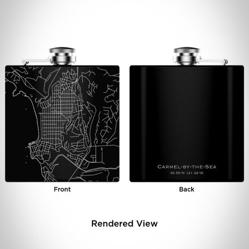 Rendered View of Carmel-by-the-Sea California Map Engraving on 6oz Stainless Steel Flask in Black