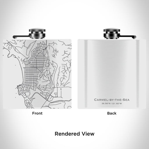 Rendered View of Carmel-by-the-Sea California Map Engraving on 6oz Stainless Steel Flask in White
