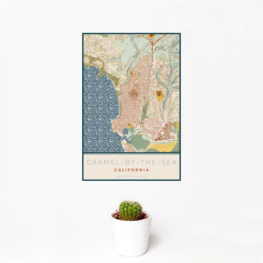 12x18 Carmel-by-the-Sea California Map Print Portrait Orientation in Woodblock Style With Small Cactus Plant in White Planter
