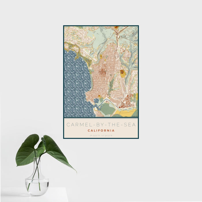 16x24 Carmel-by-the-Sea California Map Print Portrait Orientation in Woodblock Style With Tropical Plant Leaves in Water