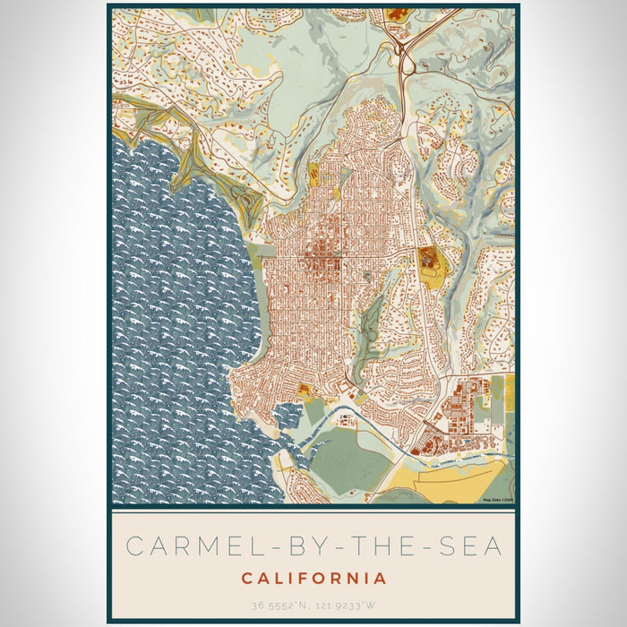 Carmel-by-the-Sea California Map Print Portrait Orientation in Woodblock Style With Shaded Background