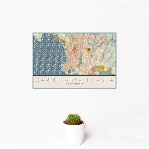 12x18 Carmel-by-the-Sea California Map Print Landscape Orientation in Woodblock Style With Small Cactus Plant in White Planter