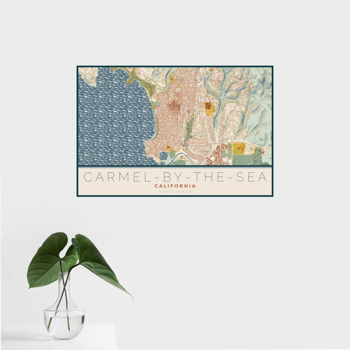 16x24 Carmel-by-the-Sea California Map Print Landscape Orientation in Woodblock Style With Tropical Plant Leaves in Water