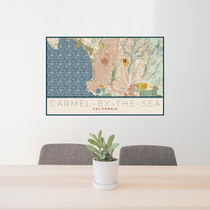 24x36 Carmel-by-the-Sea California Map Print Landscape Orientation in Woodblock Style Behind 2 Chairs Table and Potted Plant