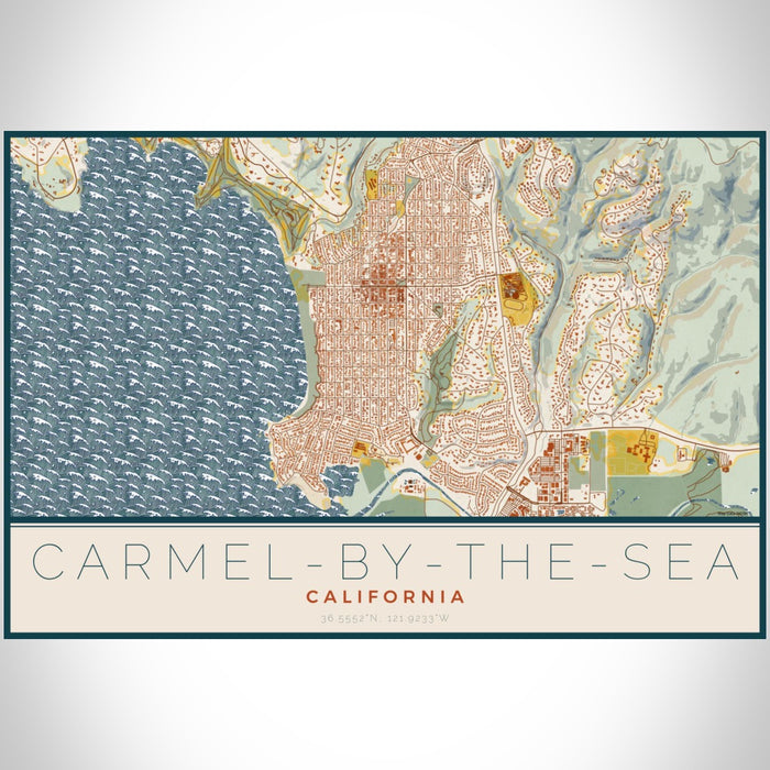 Carmel-by-the-Sea California Map Print Landscape Orientation in Woodblock Style With Shaded Background