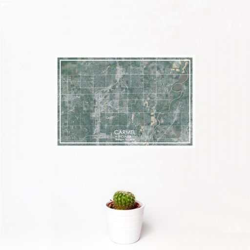 12x18 Carmel Indiana Map Print Landscape Orientation in Afternoon Style With Small Cactus Plant in White Planter