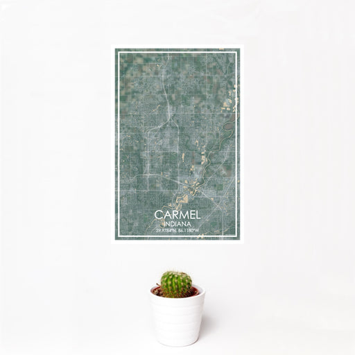12x18 Carmel Indiana Map Print Portrait Orientation in Afternoon Style With Small Cactus Plant in White Planter