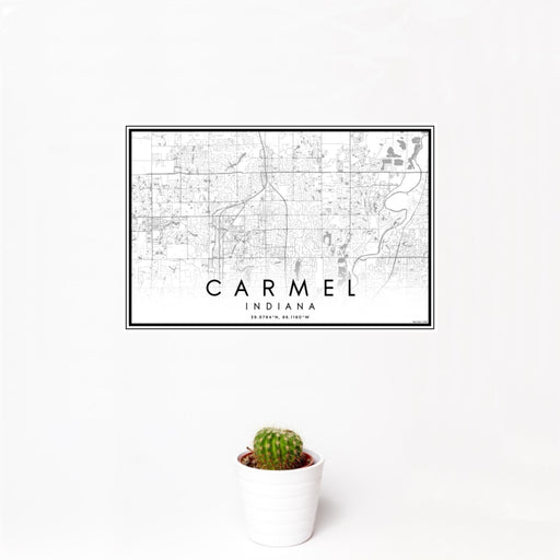 12x18 Carmel Indiana Map Print Landscape Orientation in Classic Style With Small Cactus Plant in White Planter
