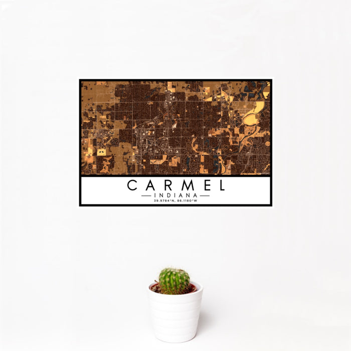 12x18 Carmel Indiana Map Print Landscape Orientation in Ember Style With Small Cactus Plant in White Planter
