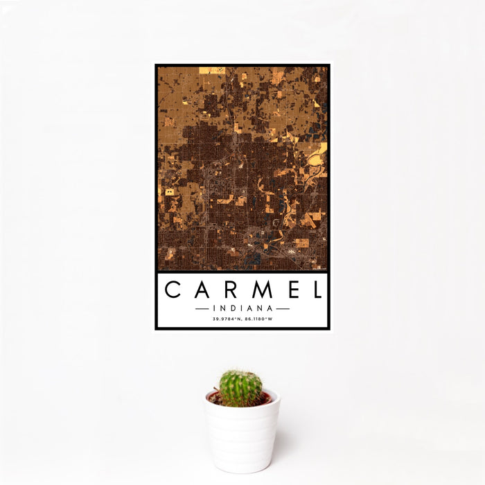 12x18 Carmel Indiana Map Print Portrait Orientation in Ember Style With Small Cactus Plant in White Planter